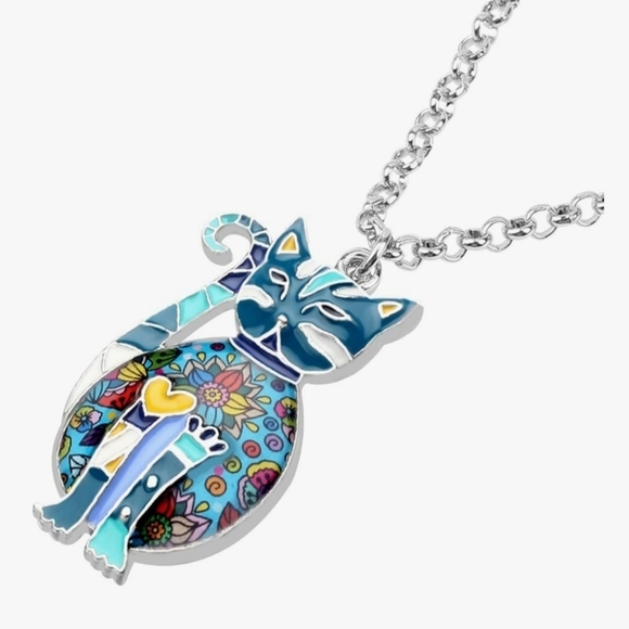 Floral Cat Necklace Enamel Kitten Pendant on Alloy Chain Jewelry for Cat Lovers - Picture 6 of 11